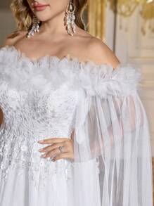 UNITHORSE 加大码露肩蝙蝠袖露背蕾丝刺绣网眼撞色白色婚纱礼服、新娘礼服、女士生日服装、毕业礼服、正式礼服、全白派对服装女士