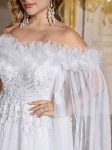 UNITHORSE UNITHORSE Plus Size Off Shoulder Batwing Sleeve Open Back Lace Embroidery Mesh Contrast White Wedding Dress Gown, Bride Dress, Birthday Women Outfits, Graduation Dress, Formal Dress, All White Party Outfit Women