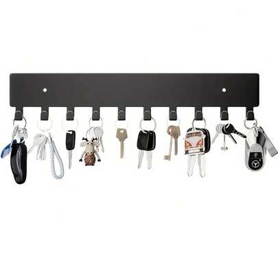 Modern Wall-Mounted Key Holder With 10 Hooks, Metal Material, Black