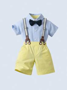 BOARNSEORL Baby Boys 2Pcs Gentleman Outfit: Short Sleeve Collared Shirt With Bowknot And Overalls Shorts, Fashion Stylish For Birthday Party, Wedding, Ceremony