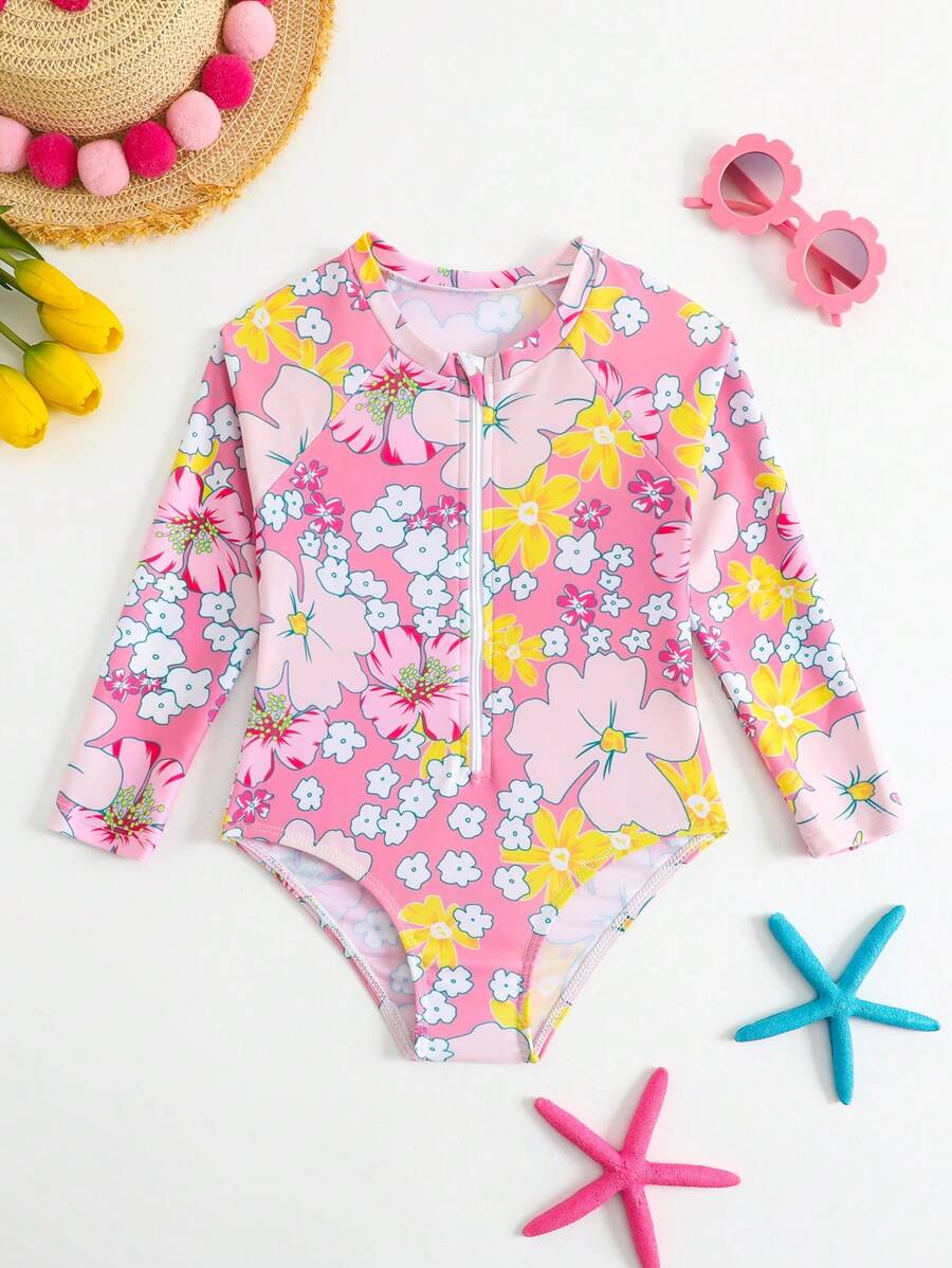 Girls Flower Print Long Sleeve One-Piece Swimsuit - Baby Pink - View 1