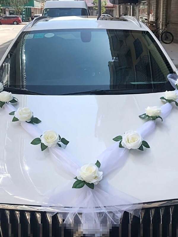 2pcs/Set Artificial White Flower Garland With Suction Cup Decoration Gifts,Silk Floarl Vine, Car Wedding Engagement Garland, Spring, Romantic Bride Accessories,Flower Jewellery Car Wedding, DIY White Gauze Rose Decoration Set, Car