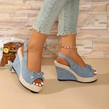 Women's Bow Decor Woven Platform Thick Sole Sandals, Fashion College Style Criss-Cross Strap Open Toe Ankle Strap High Heel Sandals, Waterproof Platform Thick Sole High Heel Women's Shoes Size 35-42 (Shoes Run Half Size Larger) - Green - View 3