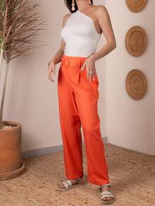 Pantalon Recto Mujer Color Rosa Ajuste a la cintura con cinturon - naranja - Ver 4