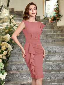 MIUSOL Đầm cocktail màu trơn tay bồng bất đối xứng, đầm nữ thanh lịch bán trang trọng mùa hè. - Bụi hồng - Xem 6