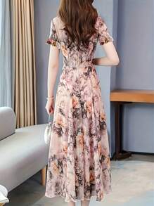 女式夏季优雅圆领花卉短袖连衣裙