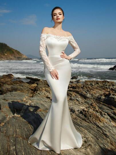 Vestido de noiva de cetim com decote em V e manga comprida, estilo sereia, para formatura