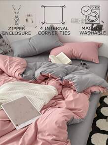 3 pièces Ensemble de literie de dortoir, comprenant 1 pièce housse de couette et 2 taies d'oreiller, en tissu ultra-doux rose et gris clair, lavable en machine (sans rembourrage)
