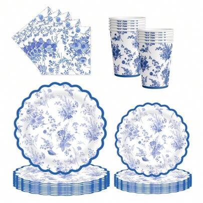 10/20/50 件，蓝色花卉纸盘杯和餐巾，粉红白色印花中国风派对用品套装包括盘子餐巾杯，适用于生日婚礼（蓝色花卉）