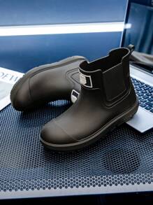 (Size Runs Small) 1 Pair Women's Fashion Mid-Calf Rain Boots, Faux Leather Pattern Waterproof Galoshes, Plus Size Chelsea Short Rainboots, Versatile Thick Waterproof Boots - Black - View 6