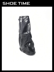 Fold Over Denim Padlock Platform Boots - Black Pu - View 1