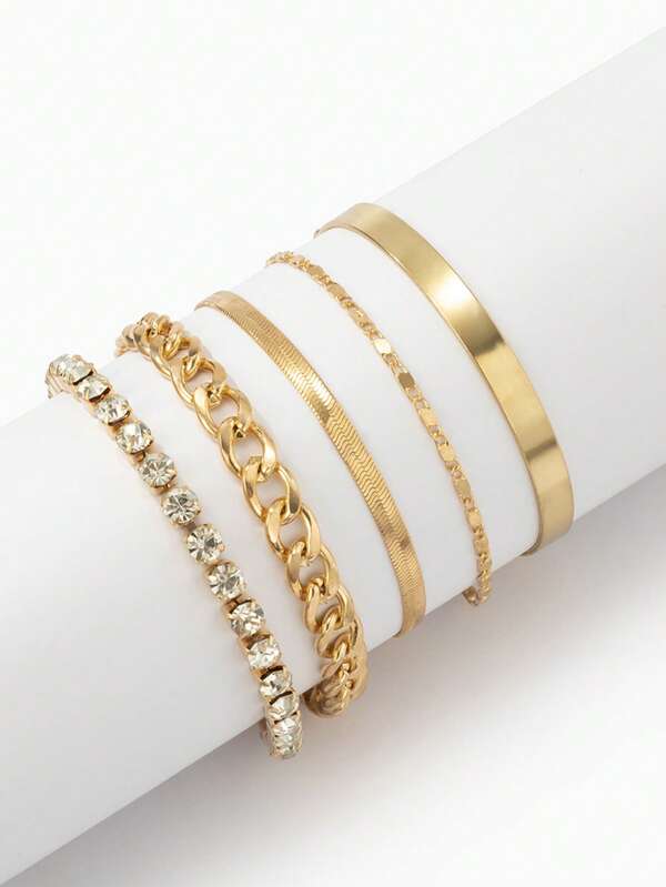 Set de 5 piezas Pulsera de estilo vintage minimalista de cobre hecha a mano con multicapa, charms geométricos y cristal para niñas