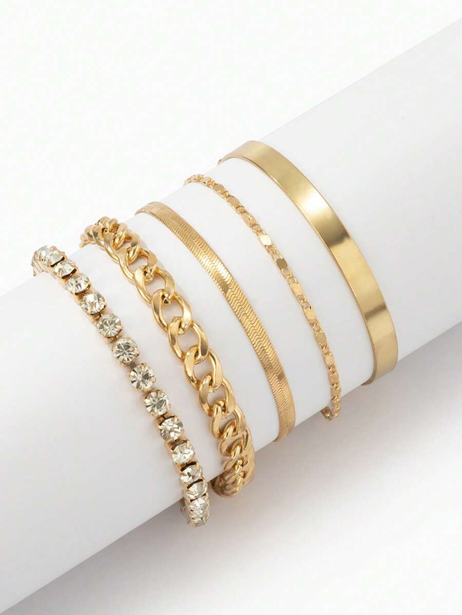 5 件/套复古简约铜质手工多层几何水晶吊饰手链套装适合女孩 - 均碼 - 查看 1