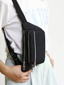 1pc Pure Black Sports Waist Bag, Outdoor Casual Crossbody Bag, Fashionable Chest Pack For Women, Large Capacity Minimalist Phone Pouch