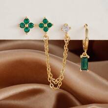 Set de 3 piezas de aretes con baño de oro de 18K y piedras preciosas decorativas, con cierre cartílago y múltiples perforaciones, joyería de regalo para mujeres y niñas - E1569b-Juego de 3 pendientes - Ver 17