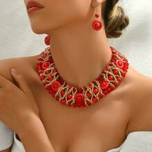 [奢华波西米亚风格] 女士合成水晶和绿松石编织项链，复古珠宝套装，适合婚礼派对、海滩度假、铝制、多场合配饰 - 紅色 - 查看 14