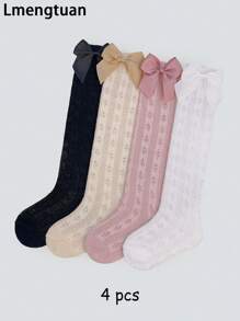 4 Pairs Kids Bow Design Mid-Calf Socks, Breathable Mesh Socks For Spring And Summer - Multicolor - View 8