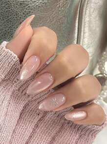 10 件裸粉色杏仁形按压指甲，珠光饰面和 3D 蝴蝶装饰 - 中等长度，纯色设计，打造优雅外观 美甲用品 美甲 - Follow Your Heart - 查看 1