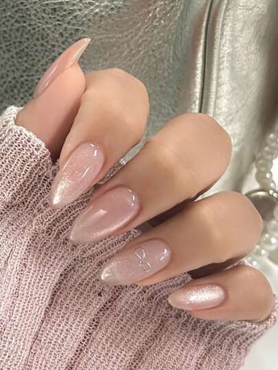 10 件裸粉色杏仁形按压指甲，珠光饰面和 3D 蝴蝶装饰 - 中等长度，纯色设计，打造优雅外观 美甲用品 美甲