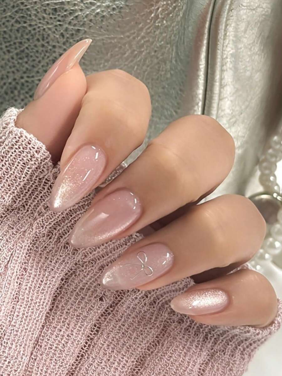 10 件裸粉色杏仁形按压指甲，珠光饰面和 3D 蝴蝶装饰 - 中等长度，纯色设计，打造优雅外观 美甲用品 美甲 - Follow Your Heart - 查看 1