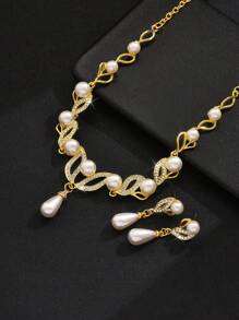 2 件女士珍珠首饰套装 - 带泪珠吊坠和耳环的项链，适合派对、宴会、婚礼