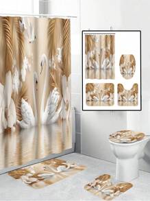 1/4pcs Elegant Swan Print Waterproof Shower Curtain Set With 12 Hooks, Floral And Golden Decorative Elements, Bathroom Decor Curtain With Toilet Cover, U-Shape Mat, Modern Home Bath Accessory, Machine Washable