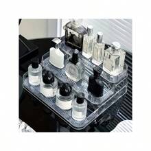 3-Tier Tempered Acrylic Cosmetic Organizer - Vanity Display Shelf With Trapezoid Design For Lipstick/Brushes/Skincare | Multi-Angle Visibility Bathroom Countertop Storage | Dustproof Makeup Display Case - Multicolor - View 7