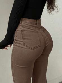 GILIPUR New Brown Old Money Style Flare Leg Women's Jeans - High Waist, Slim Fit, Stretch, Elegant, Fashionable, Casual, Versatile, Back-To-School Street Style, Y2K, 2000s Fashion, Autumn & Winter Clothing, Retro Apparel, Perfect For New Year Winter And Thanksgiving