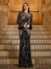 Black Long Elegant Luxury Sequin Dress, Modest