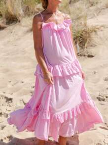 Women's Long Cami Dress Casual Loose Scoop Neck Back Tie-Up Swing Tiered Spaghetti Strap Maxi Dress - Pink - View 5