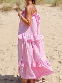 Women's Long Cami Dress Casual Loose Scoop Neck Back Tie-Up Swing Tiered Spaghetti Strap Maxi Dress - Pink - View 7