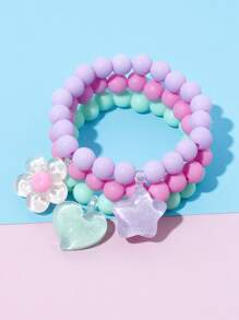 3pcs Girls Beaded Charm Heart Flower Star Bracelet Set