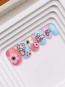 24pcs Kids Press-On Nails Girls Fashion False Nails Set, Kids Nails Artificial False Nails Patches Pre-Glued Full Coverage Short Acrylic Nails Suitable For 3-12 Years Old Kids Nails Great For Girls Birthday Gifts Kids Nail Art Decoration (Floral Butterfly)