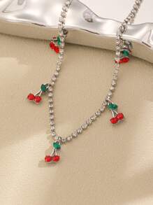 1pc Women's Sweet Style Adjustable Cherry Zirconia Pendant Necklace, Suitable For Daily Wear
