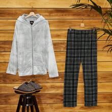 City Comfort Pyjama Set Fleece Winter Lounge Wear With Warm Hoodie And Soft Bottoms Cosy Fluffy Nightwear Novelty Gift - Grey - View 2