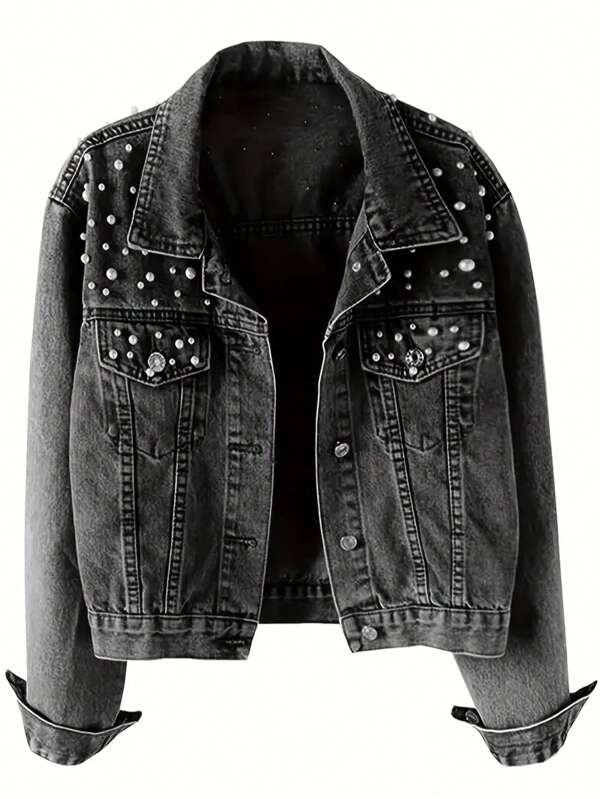 Damen Loose Denim Jacke mit Taschen, Destroyed-Optik, mit Nieten und Kunstperlen verziert