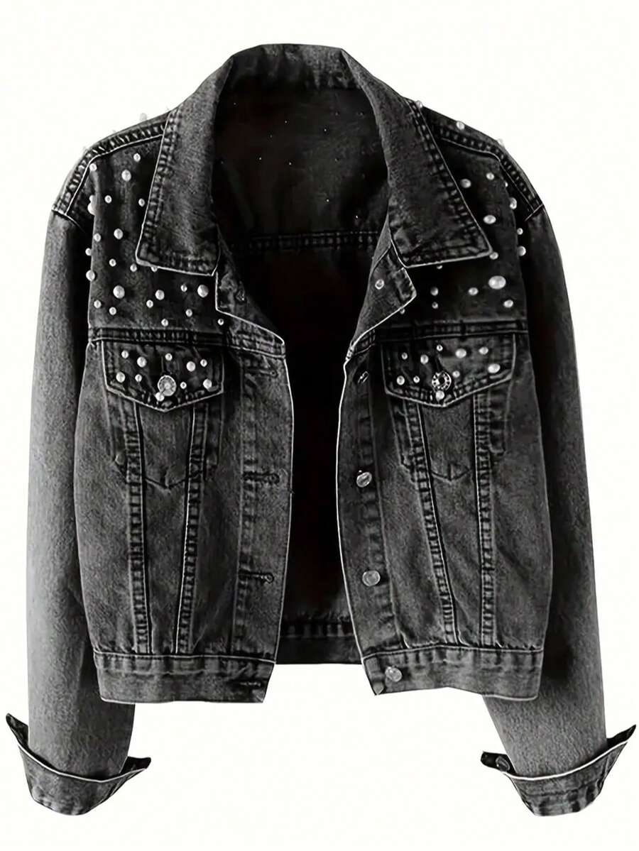 Áo khoác denim nữ dáng rộng, có túi, họa tiết đinh tán và ngọc trai giả, màu đen, phong cách thường ngày, mùa xuân. - màu đen - Xem 1