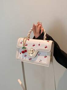 女士多功能高品质时尚樱桃印花手提包，时尚小方斜挎包，春夏新品系列 - 白色 - 查看 2