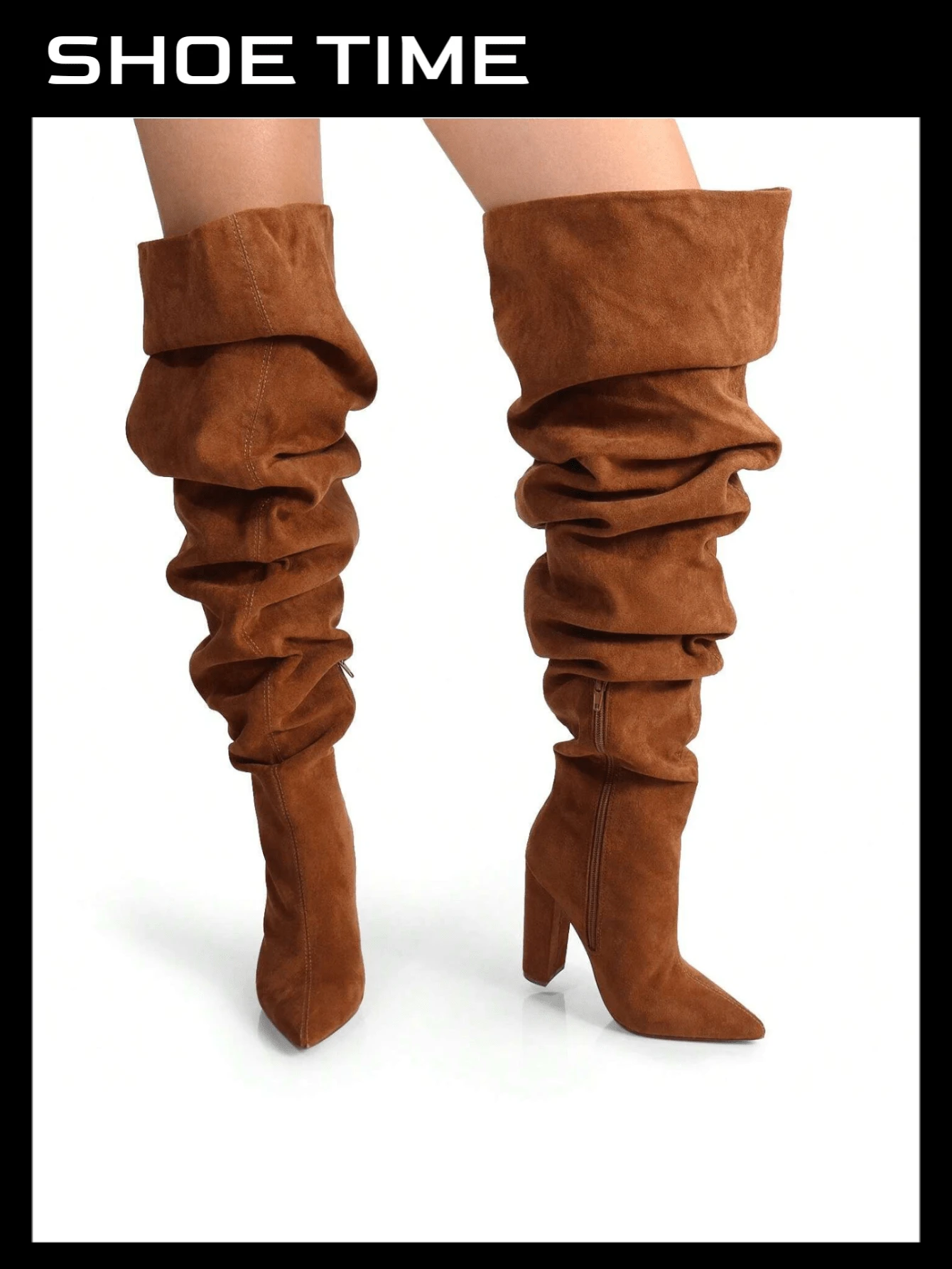 Over The Knee Wide Calf Slouchy Chunky Heel Boots - Brown - View 1