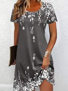 新款时尚轻盈优雅休闲度假风格女式短袖连衣裙，适合户外、居家、旅行、工作 - 春夏季 - 灰色 - 查看 4