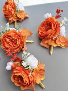 1pc/6pcs Artificial Silk Flower Groom Boutonniere Man Corsage Graduate Pin Suit Wedding Flowers Party Decoration Valentine's Day Accessories - Orange - View 5