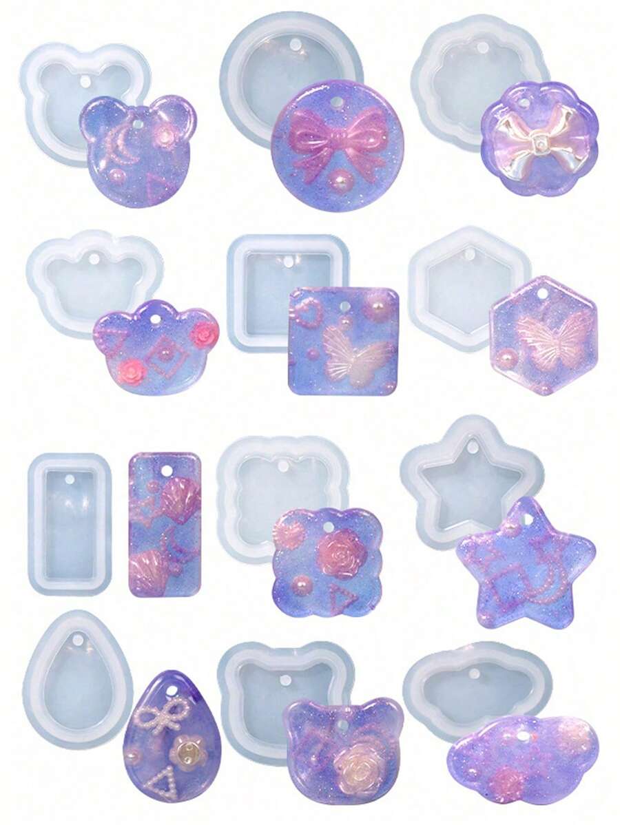 1pc/12pcs Multiple Geometric Pendant Silicone Molds With Hanging Holes, Jewelry UV Resin Molds, Epoxy Resin Necklace Keychain Molds - White - View 1