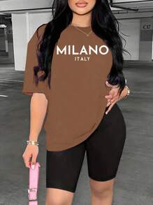 2pcs Set Summer Fashion MILANO Letter Print Women Casual Round Neck T-Shirt & Shorts, Versatile Combo - Khaki+Black - View 1