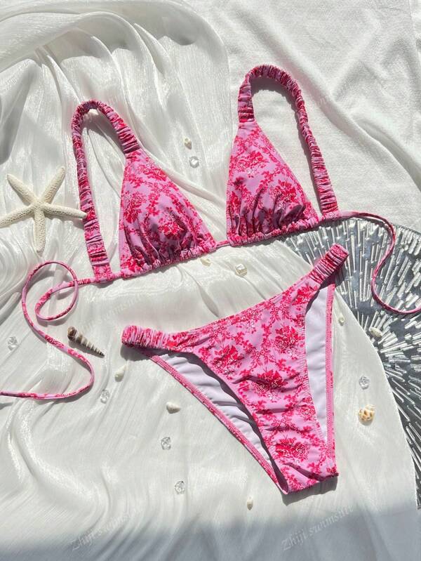 Nuevo traje de baño de dos piezas para mujer, rosa, lindo y dulce, con tirantes gruesos