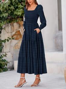 Women's Spring Summer Long Sleeve Dresses Wedding Dresses Elegant Fluffy Long Sleeve Locked Waist Swing Fluttering Long Dresses - Màu xanh hải quân - Xem 4