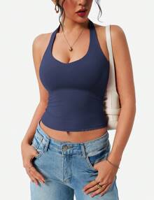 VOYJOY Aherin Women Sexy Halter Tank Tops Slim Fit Cami Not Padded Open Back Sleeveless Y2K Going Out Crop Top - 深藍 - 查看 4