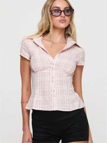 Women's Plaid Button Down Shirts Short Cap Sleeve Turn Down Collar Slim Fit Casual Summer Blouse Crop Tops - 粉色 - 查看 2