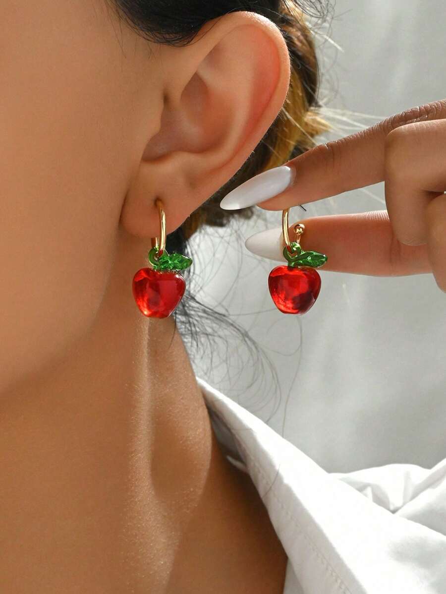 1 Pair Red Apple Design Charming Versatile Earrings, Suitable For Daily Wear For Women
