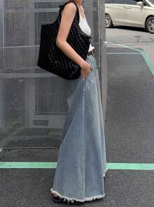 法式磨损下摆松紧腰牛仔 A 字长裙，设计感十足，浅蓝色，百搭（不含腰带） - 淺色水洗藍 - 查看 1