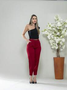 Carrot Pants With Zipper On The Leg, Tailored C3095 - Burgundy - View 3